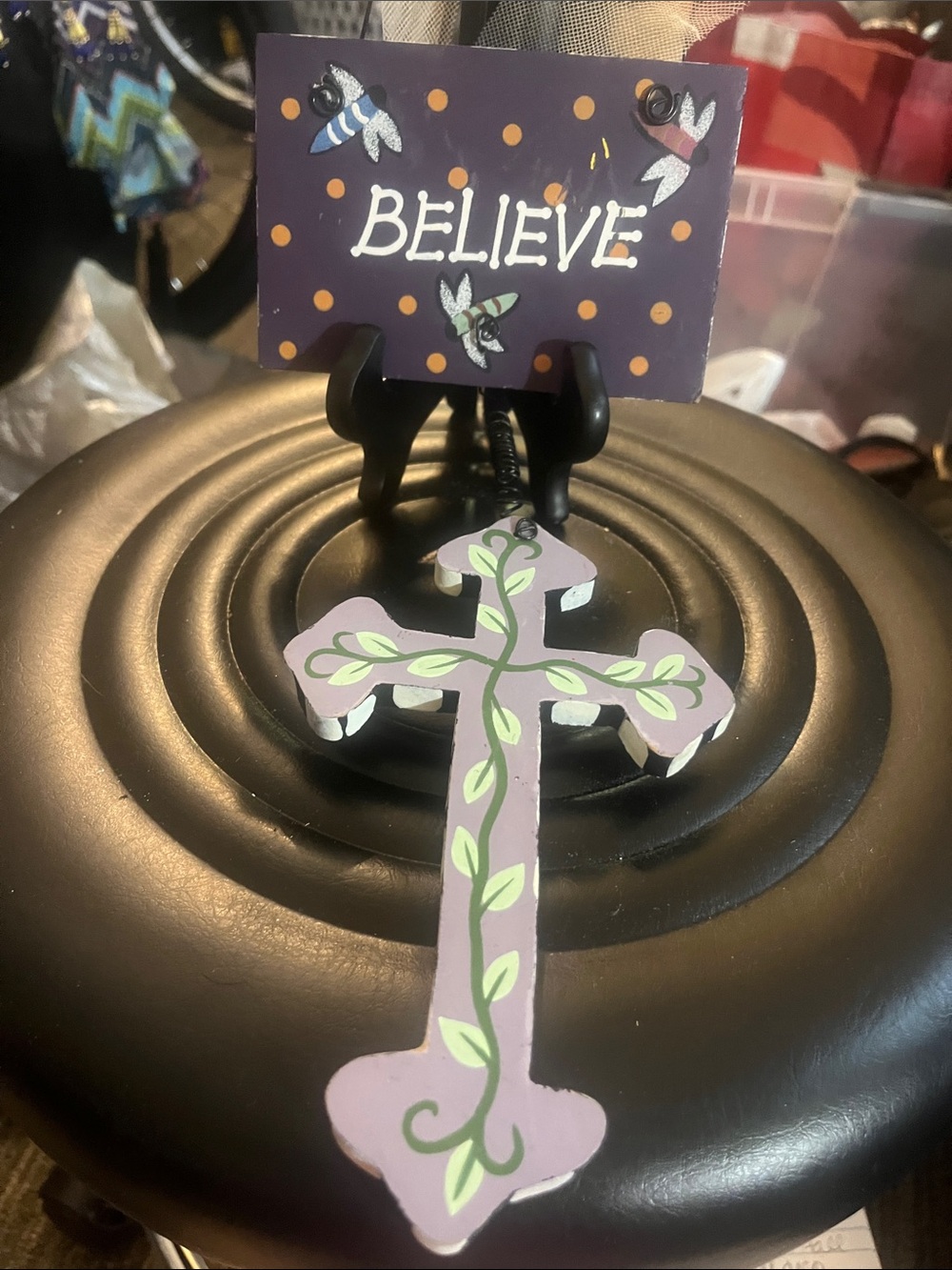Vintage Hand-painted Believe Wooden sign with hanging cross 402